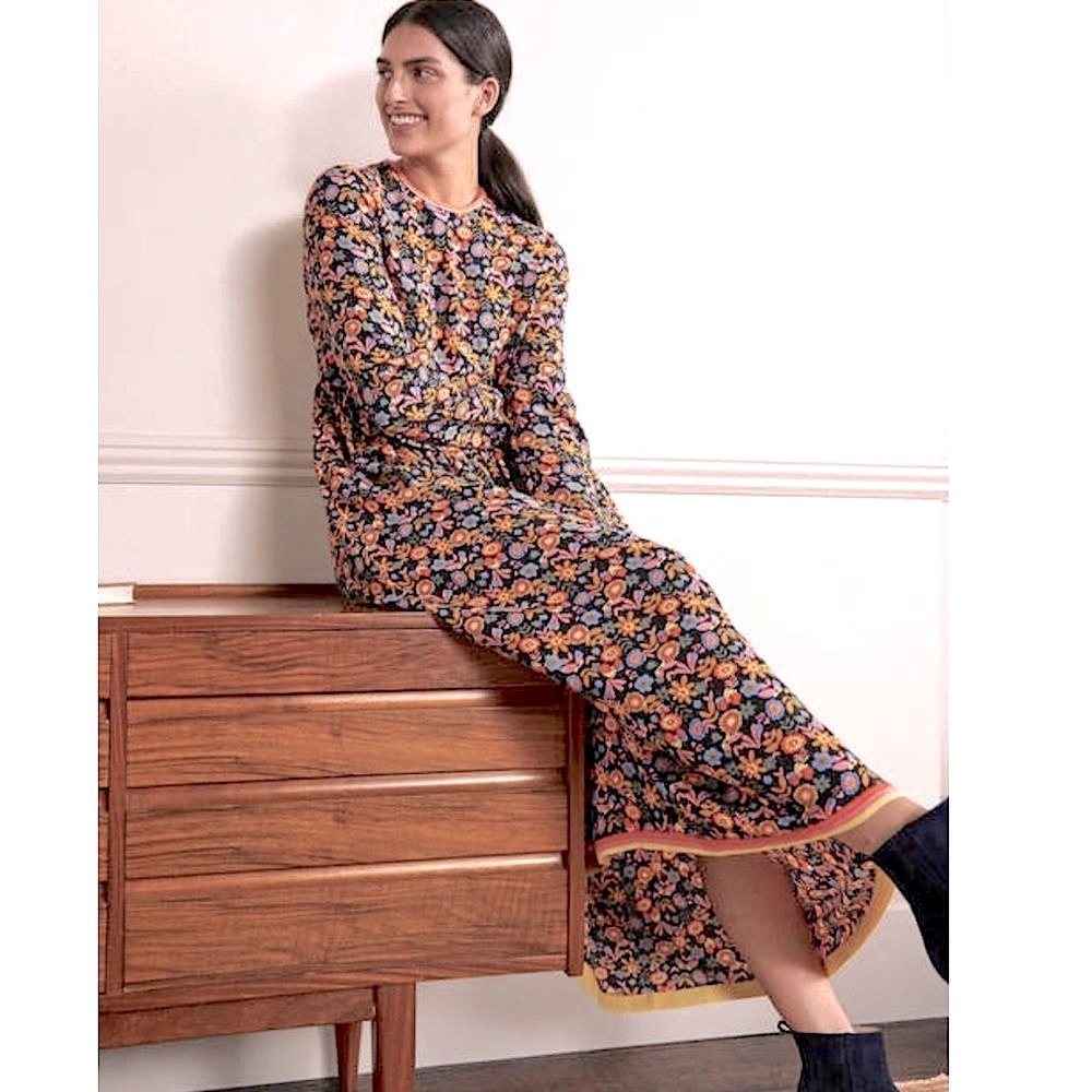 Boden Black Multi Floral Bloom Knit Trim Maxi Dress Size 4